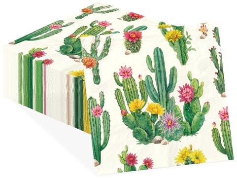 Greencian 50Pcs Cactus Cocktail Napkins 3 Ply 5x 5 Mexican Fiesta Party Disposable Paper Napkins Pink Yellow Blooming Cactus Beverage Napkin for Hawaiian Luau Baby Shower Birthday Party Decorations
