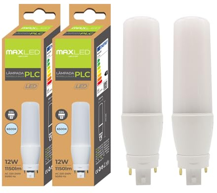 Maxled, Light is Led! 2 Pack LED G24 2 Polig PLC Lysrörslampor 1150LM 12W Ersätter 90W Glödlampa LED Lampa 6500K Kallvit Ljus 300° LED Lysrör för Kök Matsal Kontor Ej Dimbarr AC230V