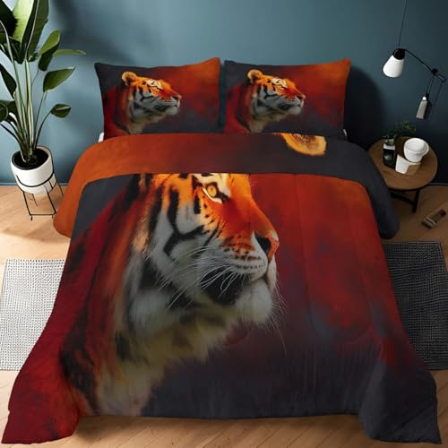 Wildtiere Tiger Bettdecke ohne Bezug 180 x 200 cm Warme und Weiche Schlafdecke Steppdecke mit 2 Kissenbezügen, Bettwäsche für Allergiker Bettbezug, Orange Farbe