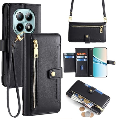 betterfon Handyhülle mit Portemonnaie für Xiaomi Redmi Note 15 4G / 5G - Tasche mit Reißverschluss, 5 Kartenfächer und 2 abnehmbare Ketten,Schwarz
