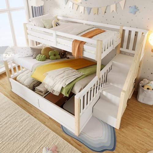 KIKZREN Kinderbett Etagenbett 90x200 cm & 140x200 cm mit Hydraulische Stauraum, Hochbett mit Rausfallschutz und Treppe Stauraum, Bett mit Lattenrost aus Kiefernholz für 2-3 Kinder, Weiß+ Natur