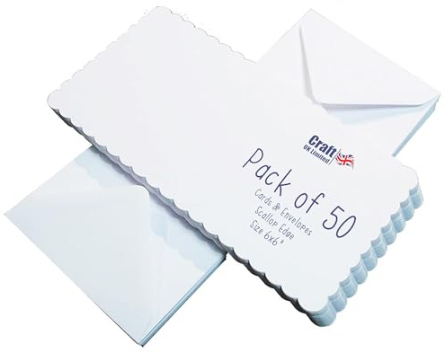 Craft UK 50 Scalloped Cards and Envelopes, White, 6 x6-Inch, 25 x 55 mm 385 836