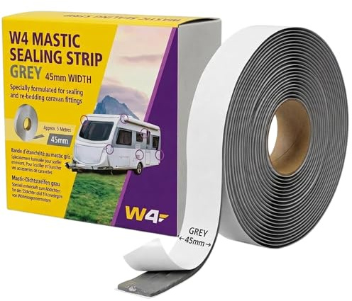 W4 Mastic Sealing Strip Grey 45mm x 5m – Waterproof Butyl Tape for Sealing Roofs, Windows, Doors & Caravans, Flexible Weatherproof Adhesive Strip, Leak Repair & Gap Filling