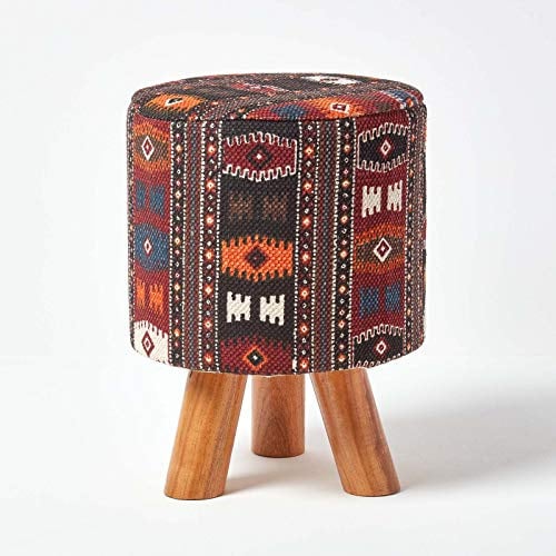 HOMESCAPES Traditional Style Tall Kilim Footstool - 32 x 32 x 42 cm