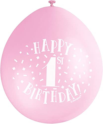 Unique Party 56031 - Palloncini di Compleanno in Lattice - 23 cm - Happy 1st Birthday - Confezione da 10 - Rosa