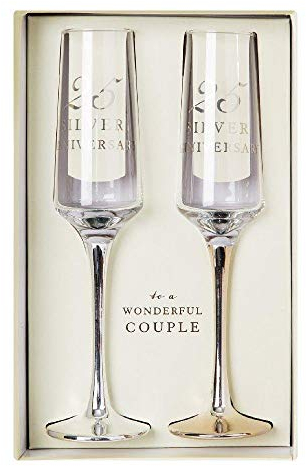 Quality SILVER 25th WEDDING ANNIVERSARY Design Straight Champagne Flutes Pair - Silver Stem - Ideal Silver Wedding / 25th Wedding