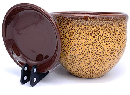 Sun Cakes Ceramic Plant Pot Glazed with Saucer Round Terracotta with Drip Tray Flower Pot Clay Coloured Flower Pot Sea Foam (12cm x 10cm, Orange)