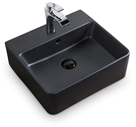 STILFORM Berlin Waschbecken aus feinster Keramik in Schwarz für Wandmontage oder als Aufsatzwaschbecken in 40x42 cm mit Hahnloch modern und elegant