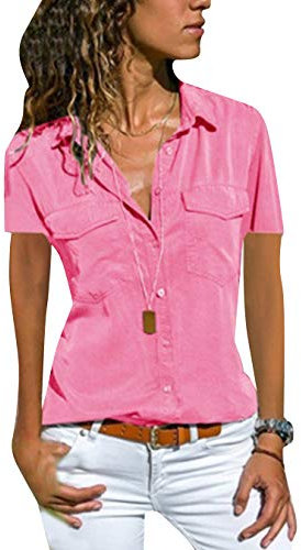 EFOFEI Chemise Oxford Décontractée à Manches Courtes Eté Femme Rose M