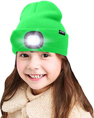 ATNKE Kids LED beleuchtete Mütze mit Licht, USB Wiederaufladbare 4 LED Scheinwerfer wasserdichte Winterwärmer Strick Nachthüte mit leichten Jungen Mädchen/Fluorescent Green