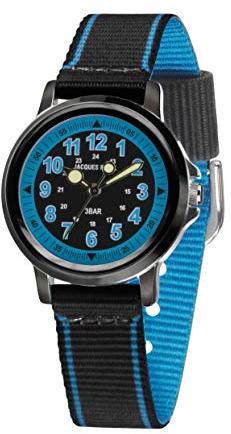 JACQUES FAREL Jungenuhr Jugend Armbanduhr Quarz Analog Stoffband Schwarz Blau KSB 0453