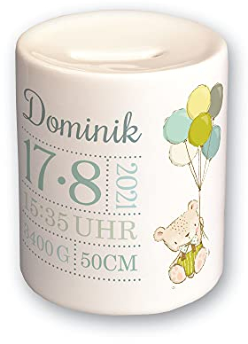 FEENSTAUB Personalisierte Spardose zur Geburt mit Namen und Geburtsdaten vom Baby, Sparbüchse aus Keramik, Geschenk-Idee zur Geburt, Verpackung Geldgeschenk, Spardose Bär Luftballons