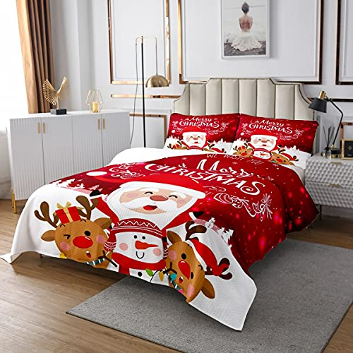 Homewish Weihnachtsmann Tagesdecke, Kinder Frohe Weihnachten Tagesdecke 220x240 Süße Weihnachten Hirsch Tagesdecke Quilt Set Mädchen Jungen Winter Schneeflocke Trippy 3 Stücke mit 2 Kissenbezüge