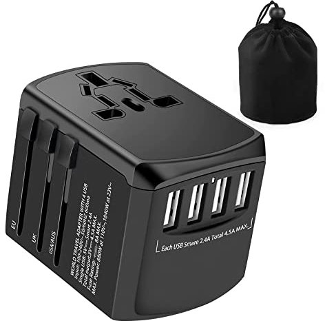 Travel Plug Adapter Worldwide Travel Adapter All In One, 1840W Universal Travel Adapter with 4 USB Ports + AC Socket for Multiple Devices, International Travel Adapter for UK EU US AU 224+Countries