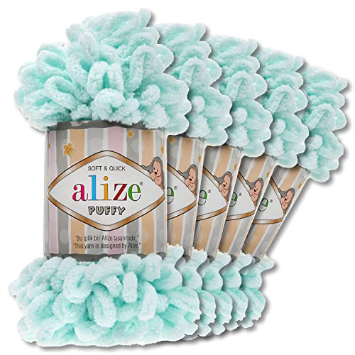 Wohnkult Alize 5 x 100 g Puffy Wolle Chenille Schlaufenwolle Häkeln und Stricken ohne Hilfsmittel Kleidung Accesoire Decken Teppiche (15 | Mint)