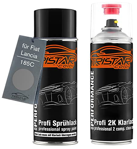 TRISTARcolor Vernice per auto Spray per Fiat 185C Grigio Moda Metalli. +2K | per Fiat / Lancia, Grigio Moda Metallic Opaco, Kit vernice di base + trasparente 2K, bombolette spray 400ml