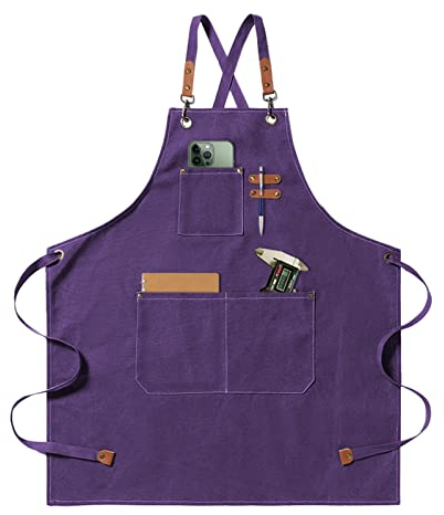jiuzcare Grillschürze für Männer 76cm Baumwoll-Schürze mit Fronttaschen Taschen Einstellbare Grillschürze mit Leder überzogener Kordelzug BBQ Schürze Geeignet für Küche Grill Handgemacht Backen,Purple