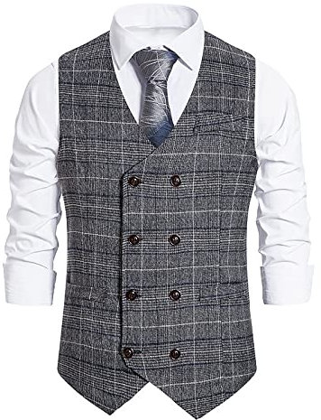 SHACE Gilet Costume pour Hommes - Hommes d'affaires Gentleman Col en V Costume Gilet Hipster Slim Fit À Carreaux À Double Boutonnage Gilet Business Party De Mariage Prom Gilet,Gris Clair,XXL