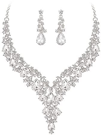 Clearine Wedding Bridal Jewellery Set Teardrop Rhinestone Cluster Statement Necklace Costume Dangle Earrings for Women Clear Silver-Tone