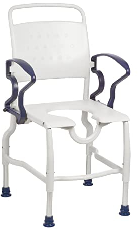FabaCare Duschstuhl für Senioren Zwickau, Made in Germany, Duschstuhl mit Armlehnen, abschwenkbar, ergonomische Rückenlehne, Hygieneausschnitt, Badestuhl bis 130 kg, Grau-Blau