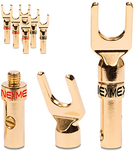 8X Kabelschuhe NEXMEX High End Stecker für Lautsprecherkabel Gabelschuhe Steckverbinder für Kabel bis 6mm² 24K vergoldet löt- oder schraubbar Flexibler Anschluss für HiFi-Boxen Verstärker Endstufen