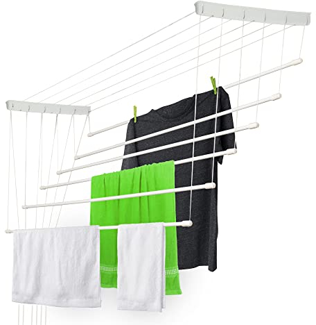 KADAX Tendedero de Techo de Acero Resistente a la Corrosión con Sistema de Subida y Bajada para para Interiores y Exteriores (Blanco, 6 x 90 cm)