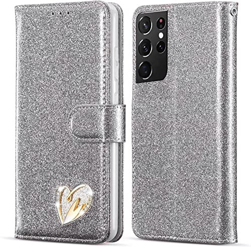 KP TECHNOLOGY Case for Galaxy S23 Ultra, Premium Shiny Bling Glitter Loving Heart Book Flip Stand Wallet Card Phone Case for Samsung Galaxy S23 Ultra (SILVER)