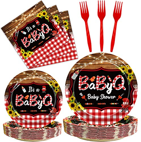 Kepeel 96-teiliges Set für Grillpartys und Babypartys, Partyteller und Servietten, Set mit Sonnenblumen, rustikaler Holzgrillen, Babyparty, Gender Reveal, Picknick, Party, Einweggeschirr-Set, für 24
