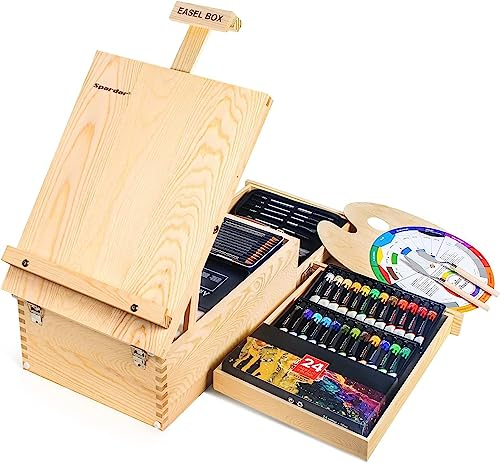 Caballete de Mesa, Spardar Caja de Caballete con 2 Cajones y 24 Pinturas Acrílicas, 10 Pinceles Acrílicos, 12 Lápices colores y Otros Suministros de Arte para Artistas Principiantes Aficionados