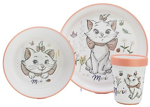 Coffret Repas - 3 Pièces Premium Gobelet - Bol - Grande Assiette - Anti-Dérapants - Léger - Pratique - +10 Mois -DISNEY Baby Aristochats Marie, Blanc [White]