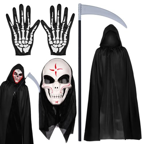Zkaoai Halloween Umhang Set, Schwarzer Umhang mit Kapuze + Halloween Gesicht Maske + Skelett Handschuhe + Sense Des Todes, Halloween Skelett Kostüm, Halloween Hexe Umhang für Halloween, Maskerade