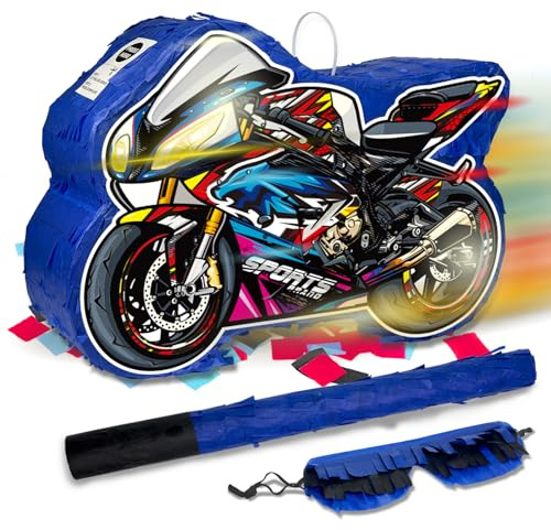 Motorcycle Pinata for Boys, Birthday Party Supplies with Stick and Blindfold for Party Decoration, 15.75 x 11.8 x 4.13 Inches