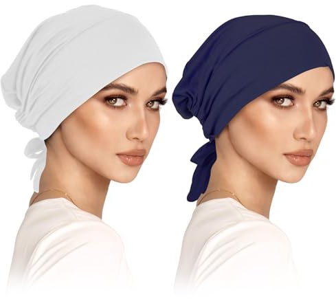 2er Turban Damen Frauen Undercap Hijab Cap Unterschal Hijab Klassische Slouch Beanie Mütze Islamische Muslimische mit Tie Back Solid Color Hijab Mütze Kopfbedeckung Kopftuch (Weiß, Dunkelblau)