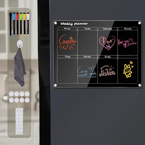 Otauoaea Lavagna Magnetica Frigo,Planner Settimanale Magnetico Cancellabile,Lavagna da Frigorifero con Penne a 6 Colori e Salviette(Nero,15,74 x 11,81 pollici)