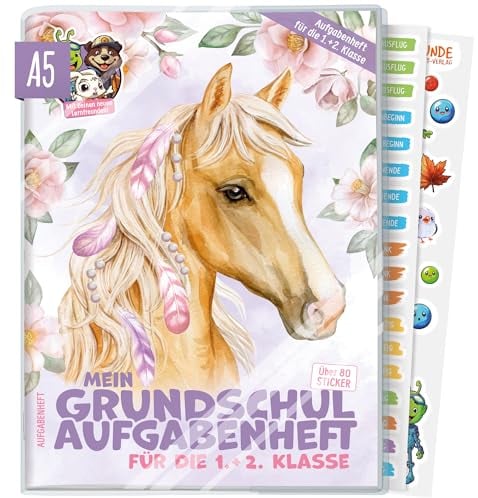 Lernfreunde Hausaufgabenheft Grundschule A5 für die 1. + 2. Klasse ohne Datum mit Hülle, Stickern, Lern- und Denkspielen Pferd - nachhaltig & klimafreundlich