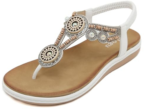 FOGOIN Sandales Femme Été Confortable Tong Mode Bohème Chaussures pour Plage Plate et Elégant,41 EU,Blanc