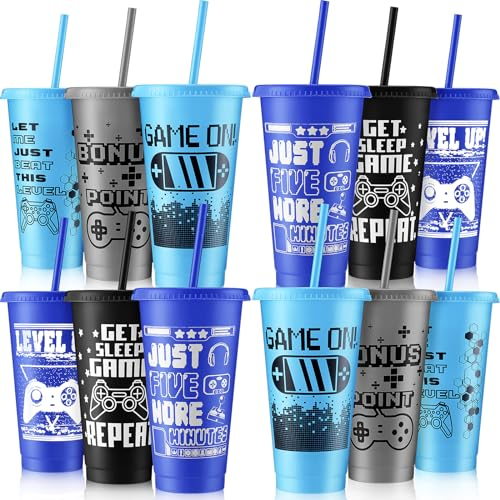 Mifoci Video Game Plastic Cups with Lids and Straws Reusable Tumbler with Lid and Straw Cute Iced Coffee Travel Cups Mug Water Bottle for Adult Kid Gaming Birthday Supplies(Classic Color,12 Pcs)