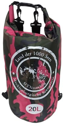 Dry Bag Trockensack Seesack 100% wasserdicht Packsack Tasche Beutel Wasssersport Kanu Kajak SUP Tauchen Schwimmen Baden Strand Angeln Campen wasserfest Schultergurt Drybag Pink Camouflage (20 Liter)