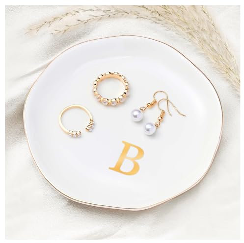 ProCase Ceramic Jewelry Tray, Initial Ring Dish Trinket Plate Engagement Gift, Small Personalized Monogram Ring Bowl for Wedding, White Decorative Jewelry Holder for Women Vanity -Letter B