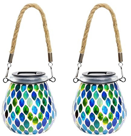 QENETY Lot de 2 lanternes solaires en mosaïque à suspendre, lampes solaires étanches en verre changeant de couleur, jardin, pelouse, allée, cour, patio, fête décorative