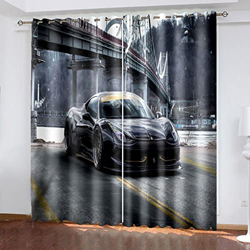 3D Stadtbrücke Schwarzes Auto Muster Ösenvorhang Blickdicht, Verdunklungsvorhänge Thermogardine Für Kinderzimmer Schlafzimmer Wohnzimmer Modern Küchengardinen, Vorhang Wärmeisolierend 2Er Set