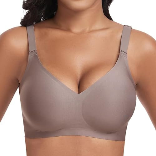 Cavotor Seamless Bra Non Wired Bras for Women Wireless Push Up Support Bras for Saggy Breasts T Shirt Soft Comfort Ladies Plus Size Bras V Neck Bralettes with Bra Extender (Coffee,2XL)
