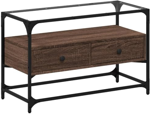 vidaXL TV Schrank, Fernsehtisch mit Glasplatte, Lowboard für Fernseher, TV Möbel Fernsehschrank für Wohnzimmer, Industrie-Design, Braun Eichen-Optik Holzwerkstoff