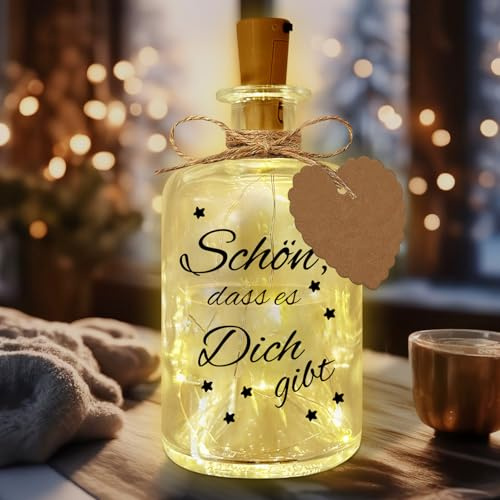 LED Flaschenlicht mit Spruch - Schön, DASS es Dich gibt, Geschenke für Frauen, Dekorative Leuchtende Flasche mit Lichterkette, Wunschliste, Liebesetikett - für Geburtstage, Hochzeiten, Weihnachten