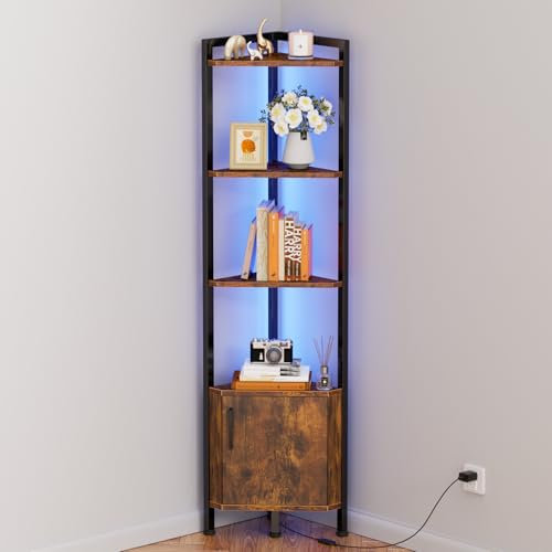 Furnulem Eckregal, schmales Eck-Bücherregal, LED, 5-stöckiger Eckschrank mit Stauraum, 159,5 cm, stehendes Ausstellungsregal für Schlafzimmer, Wohnzimmer, Küche, Holzregal (Rustic Brown)