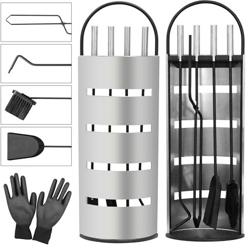 Melko Kaminbesteck 6-tlg. Kaminzubehör mit praktischer Kaminaufbewahrung für Küche Haushalt Kamingarnitur mit Ständer Silber Kaminwerkzeuge Kaminreinigungs Set