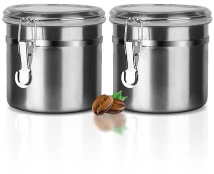 Kaffeedose Luftdicht mit Deckel Kaffeebohnen Behälter für Kaffeepulver Bohnen Tee Mehl Müsli Zucker, Edelstahl Dose zur Aufbewahrung Vorratsdose Küche Lebensmittel BPA-frei (2er Set - 1.2L - Silber)