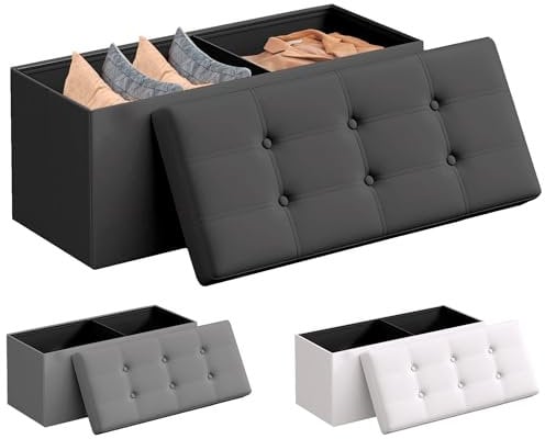 JUPPLIES Puff de Almacenaje 80 L, 76 x 38 x 38 cm - Baúl de Almacenamiento con Tapizado PVC, Plegable y Acolchado - Banco con Tapa Soporta 300 kg para Dormitorio, Salón o Vestidor - Negro
