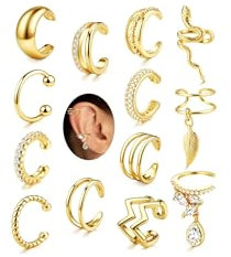 JeweBella Faux Piercing Oreille Ear Cuff Réglables Manchette Oreille Femme Or/Argent Non Piercing Faux Helix Cartilage Boucles d'Oreilles Clip 14K Plaqué Or Boucle Oreille Sans Trou