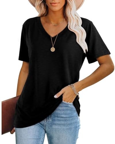 WIHOLL Ladies Tops Summer Womens T Shirts UK Short Sleeve V Neck Activewear Outfits Clothing Clothes 2025 Black Size 22-24